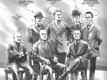 Členové okresního Národního výboru v Olomouci. Stránka z komiksu Martina Šinkovského (scénář) a Ticho762 (Petr Novák, kresba) Budoucnost ve vlastních rukách (! – spr. rukou), Univerzita Palackého v Olomouci 2018.